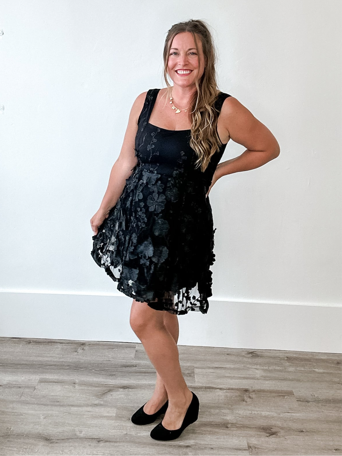 Square Neck 3D Floral Lace Mini Dress - Black-Special Occasion Dress- Hometown Style HTS, women's in store and online boutique located in Ingersoll, Ontario