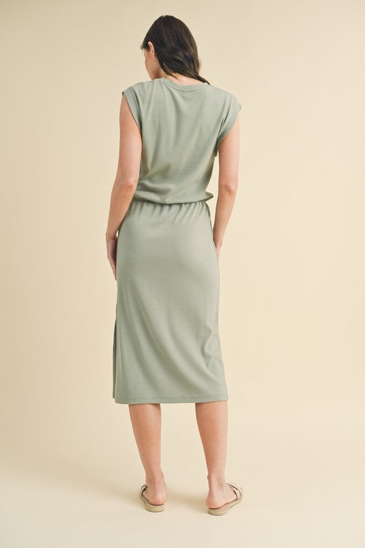 Sleeveless Midi Dress with Drawstring Waist - Sage-Dresses- Hometown Style HTS, women's in store and online boutique located in Ingersoll, Ontario