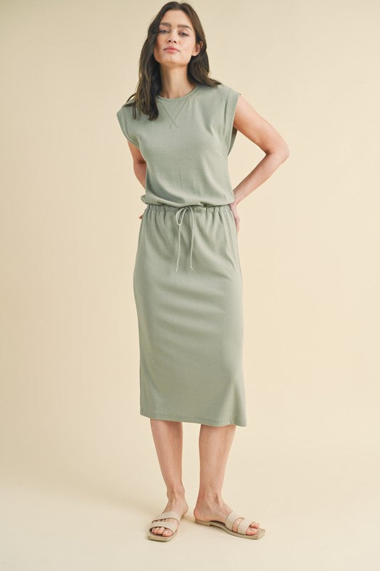 Sleeveless Midi Dress with Drawstring Waist - Sage-Dresses- Hometown Style HTS, women's in store and online boutique located in Ingersoll, Ontario