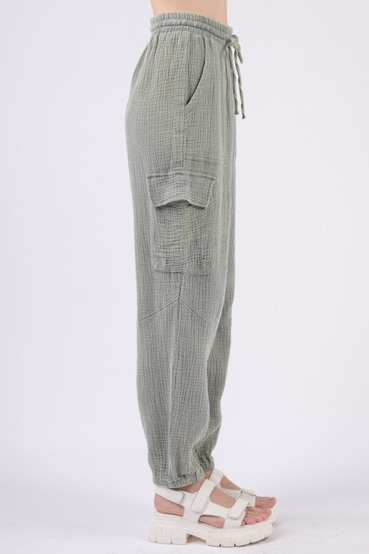 Washed Crinkle Cargo Pants - Sage-Pants- Hometown Style HTS, women's in store and online boutique located in Ingersoll, Ontario
