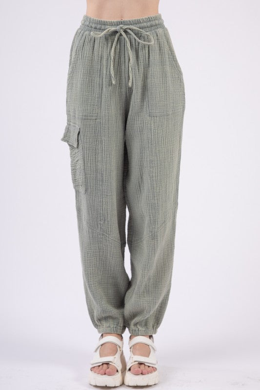 Washed Crinkle Cargo Pants - Sage-Pants- Hometown Style HTS, women's in store and online boutique located in Ingersoll, Ontario