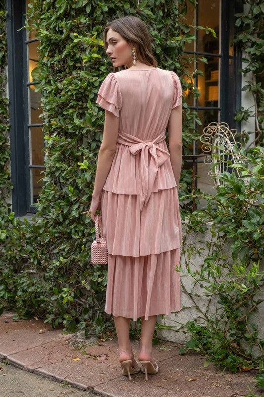 Pleated Tiered Dress with Sleeve - Pink-Dress- Hometown Style HTS, women's in store and online boutique located in Ingersoll, Ontario