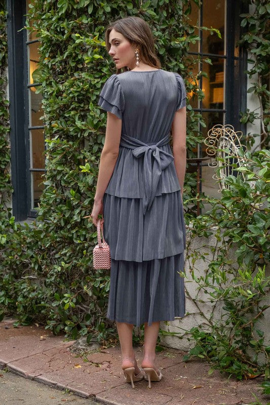 Pleated Tiered Dress with Sleeve Blue Hometown Style Inc