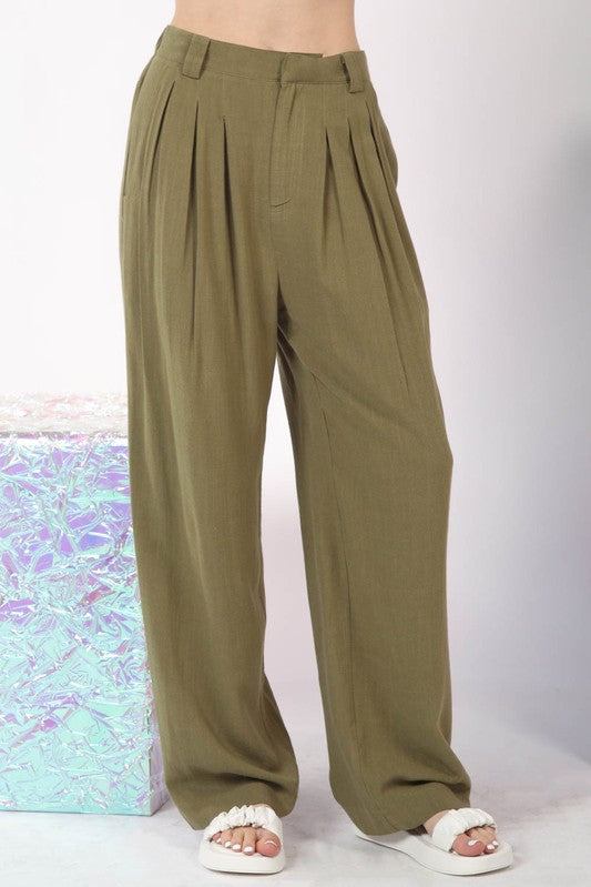 Pleated Linen Pants - Olive-Pants- Hometown Style HTS, women's in store and online boutique located in Ingersoll, Ontario