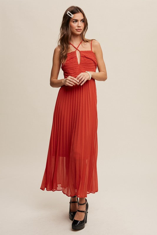 Double Strap, Pleated Dress - Red/Orange-Dress- Hometown Style HTS, women's in store and online boutique located in Ingersoll, Ontario