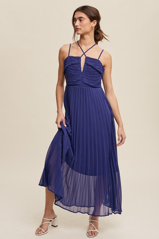 Double Strap, Pleated Dress - Royal-Dress- Hometown Style HTS, women's in store and online boutique located in Ingersoll, Ontario