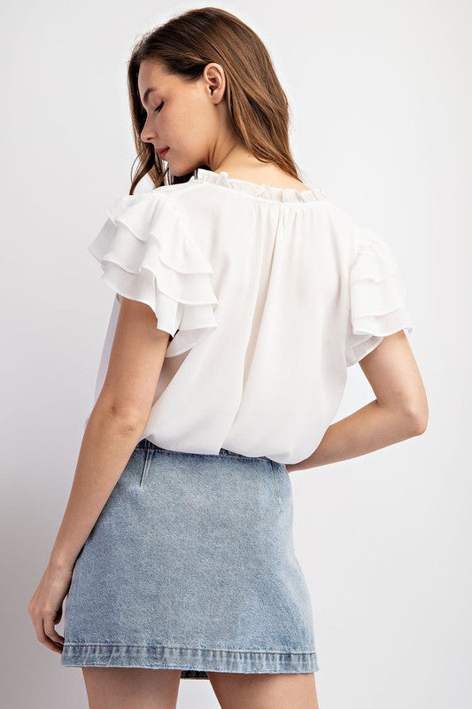 Ruffle Sleeve Blouse - White-Shirts & Tops- Hometown Style HTS, women's in store and online boutique located in Ingersoll, Ontario