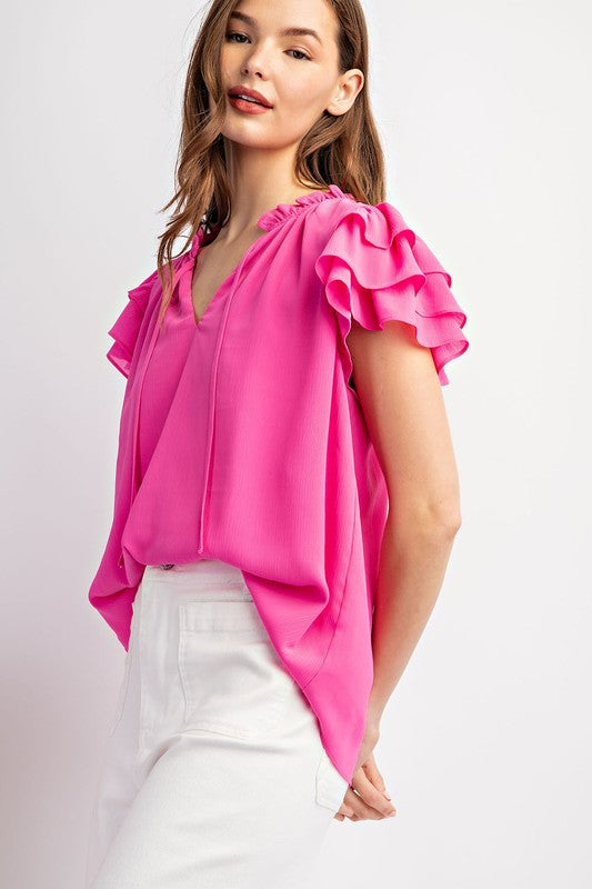 Ruffle Sleeve Blouse - Bubblegum-Shirts & Tops- Hometown Style HTS, women's in store and online boutique located in Ingersoll, Ontario
