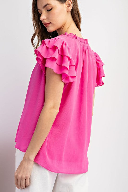 Ruffle Sleeve Blouse - Bubblegum-Shirts & Tops- Hometown Style HTS, women's in store and online boutique located in Ingersoll, Ontario
