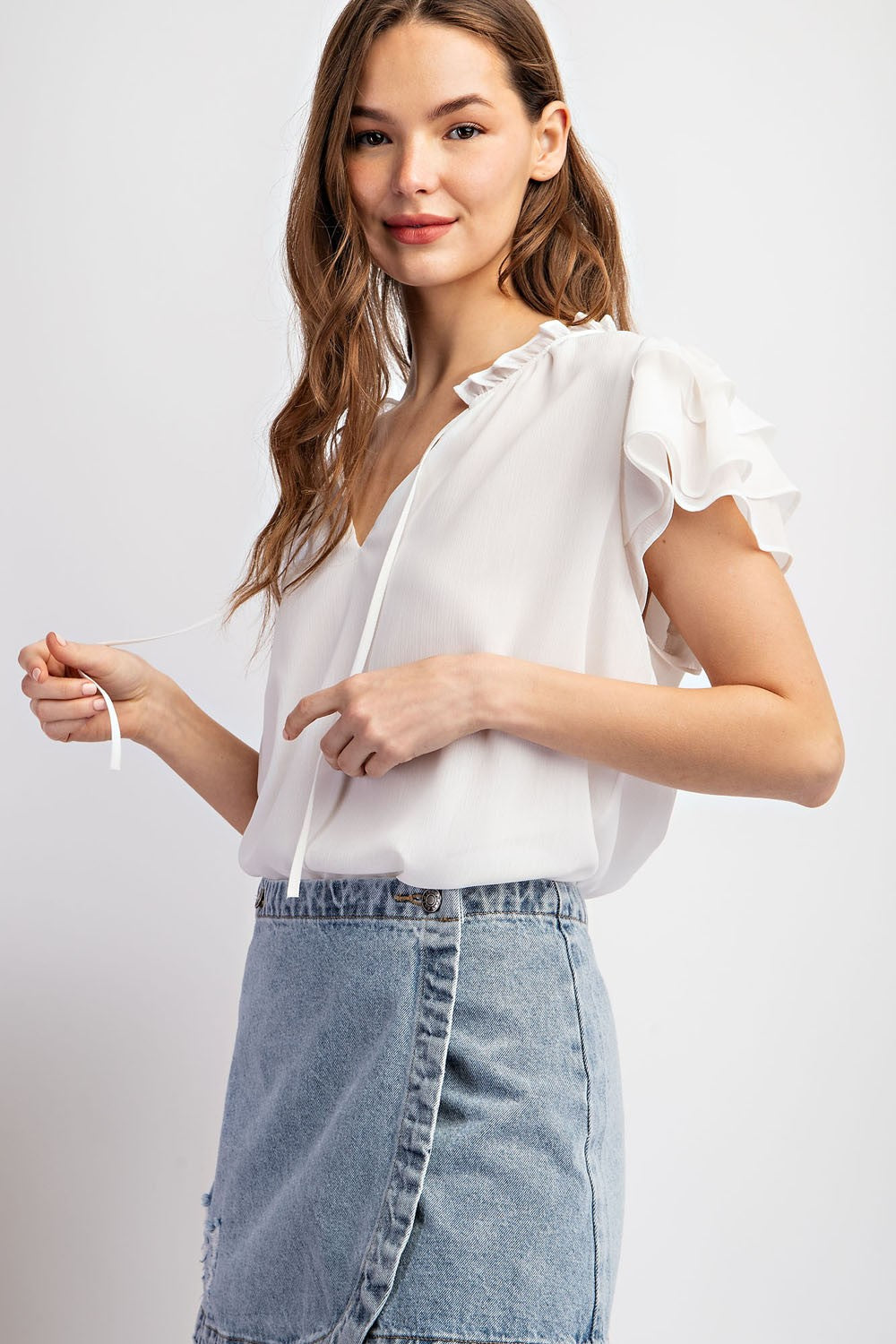Ruffle Sleeve Blouse - White-Shirts & Tops- Hometown Style HTS, women's in store and online boutique located in Ingersoll, Ontario