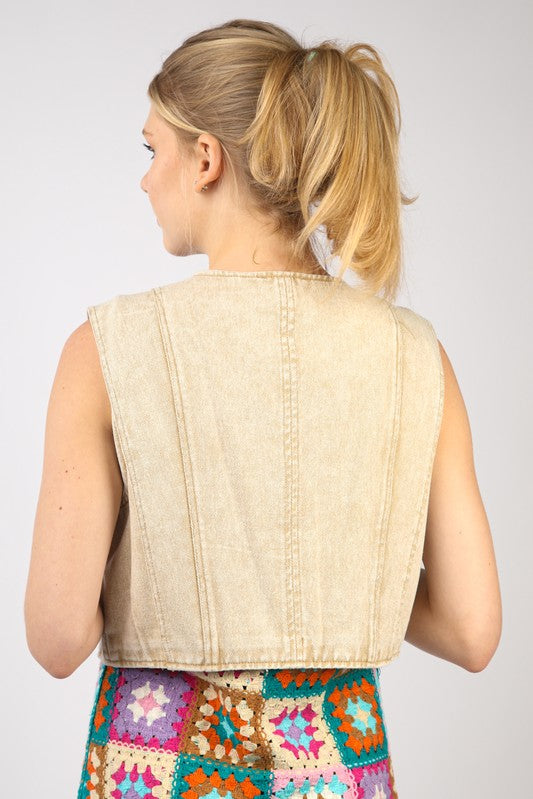 Denim Crop Vest - Beige-vest- Hometown Style HTS, women's in store and online boutique located in Ingersoll, Ontario