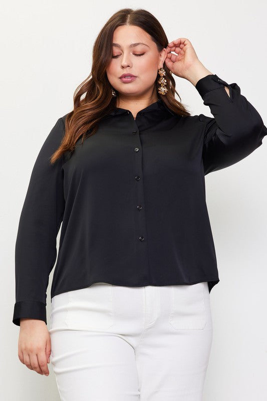 Satin Classic Button Down Blouse - Black-Shirts & Tops- Hometown Style HTS, women's in store and online boutique located in Ingersoll, Ontario