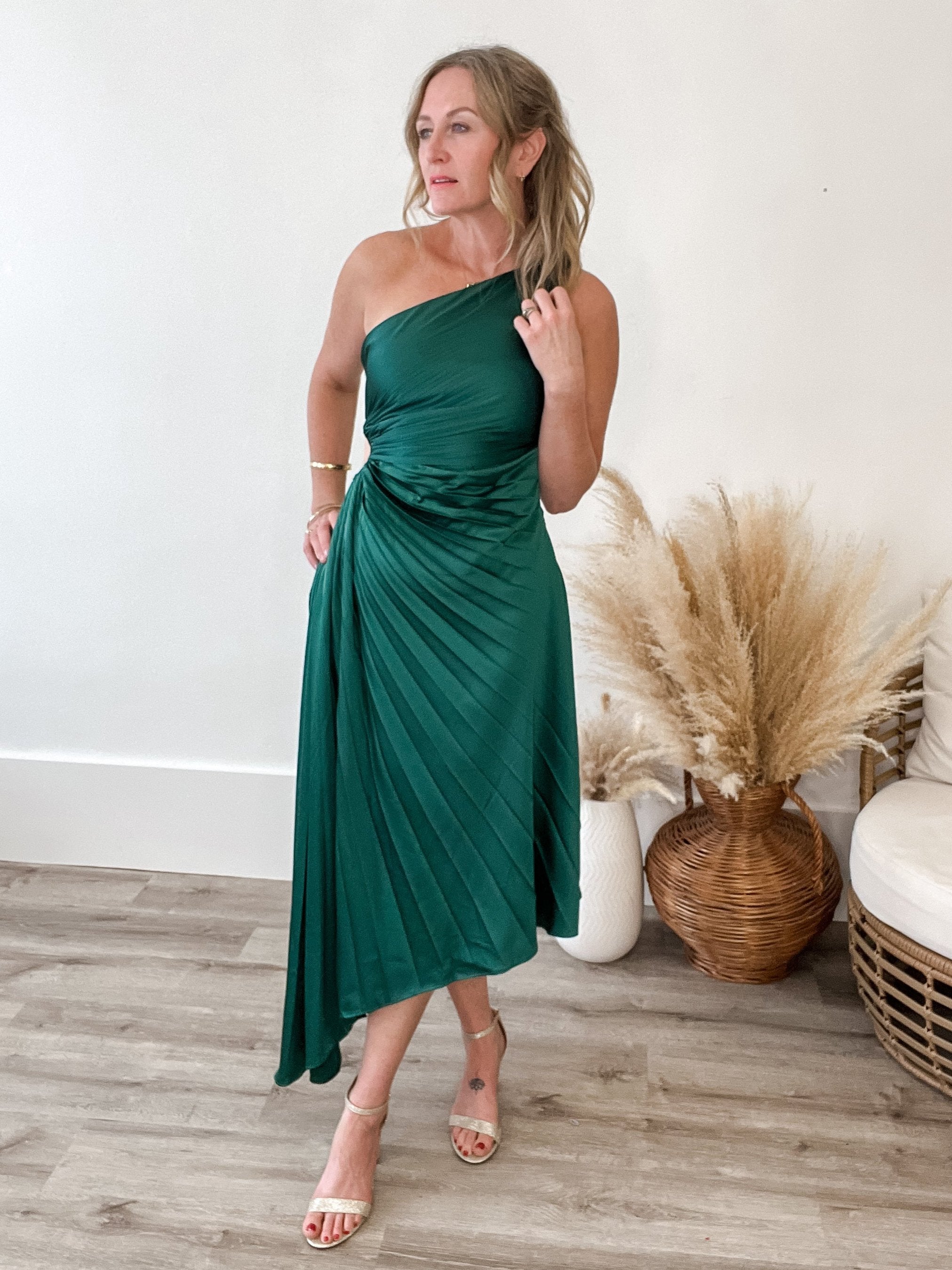 One Shoulder Pleated Dress - Sea Green-dresses- Hometown Style HTS, women's in store and online boutique located in Ingersoll, Ontario