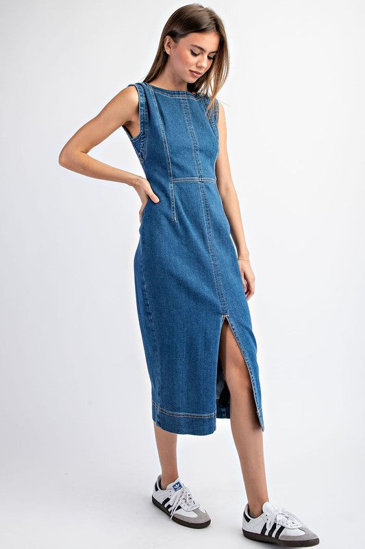 Sleeveless Denim Midi Dress-dress- Hometown Style HTS, women's in store and online boutique located in Ingersoll, Ontario