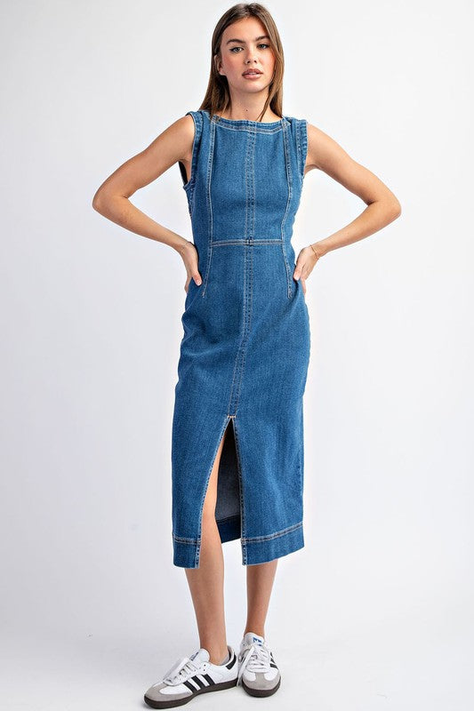 Sleeveless Denim Midi Dress-dress- Hometown Style HTS, women's in store and online boutique located in Ingersoll, Ontario