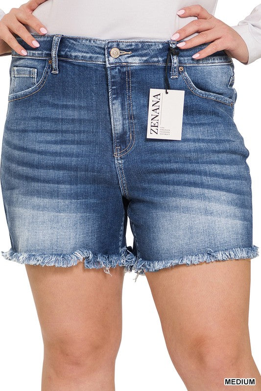 Mid Rise - Raw Frayed Hem Shorts - Medium Wash-Shorts- Hometown Style HTS, women's in store and online boutique located in Ingersoll, Ontario