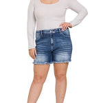 Mid Rise - Raw Frayed Hem Shorts - Medium Wash-Shorts- Hometown Style HTS, women's in store and online boutique located in Ingersoll, Ontario