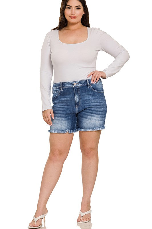 Mid Rise - Raw Frayed Hem Shorts - Medium Wash-Shorts- Hometown Style HTS, women's in store and online boutique located in Ingersoll, Ontario
