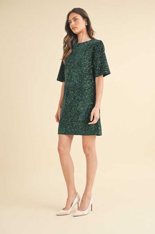 Sequin Open Back Mini Dress - Green-dress- Hometown Style HTS, women's in store and online boutique located in Ingersoll, Ontario