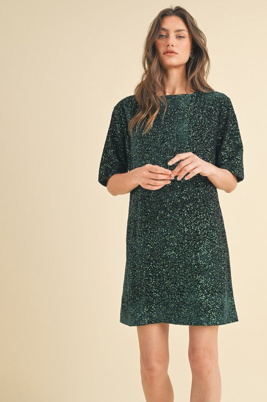 Sequin Open Back Mini Dress - Green-dress- Hometown Style HTS, women's in store and online boutique located in Ingersoll, Ontario