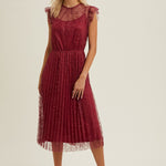 Floral Lace Pleated Midi Dress - Wine-dress- Hometown Style HTS, women's in store and online boutique located in Ingersoll, Ontario