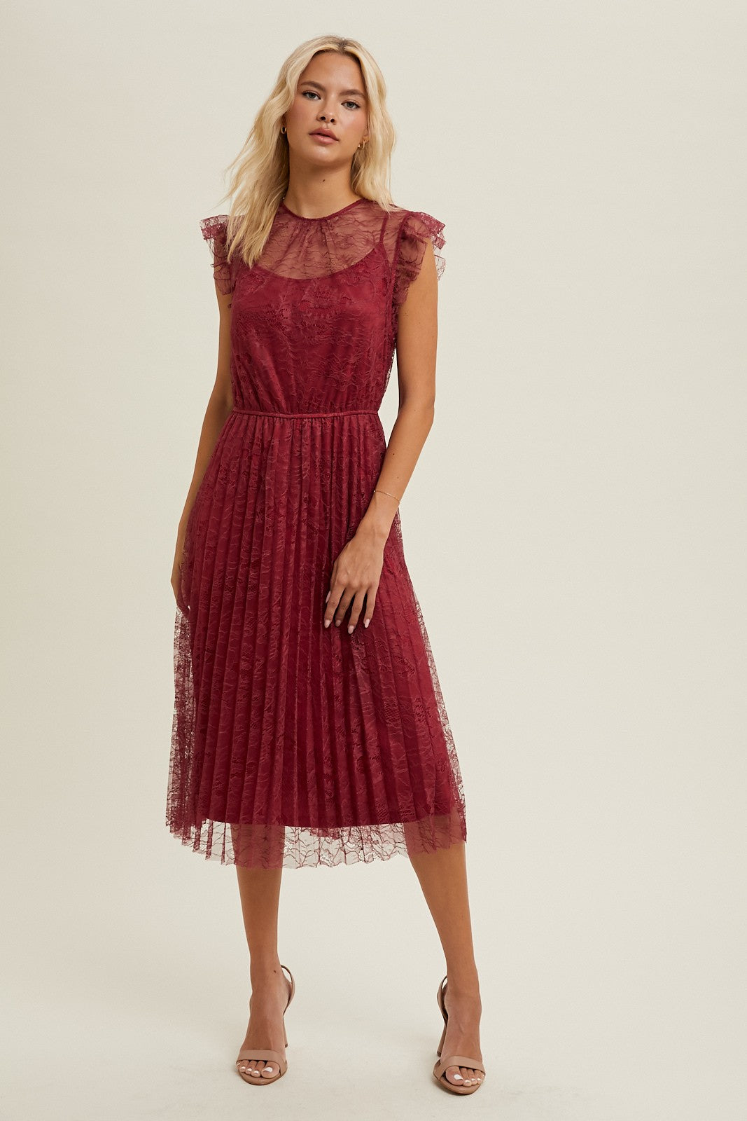 Floral Lace Pleated Midi Dress - Wine-dress- Hometown Style HTS, women's in store and online boutique located in Ingersoll, Ontario