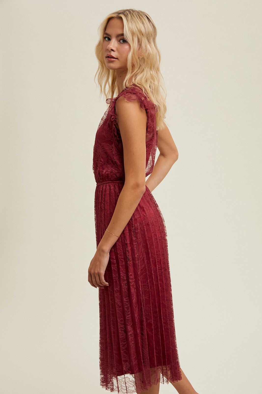 Floral Lace Pleated Midi Dress - Wine-dress- Hometown Style HTS, women's in store and online boutique located in Ingersoll, Ontario