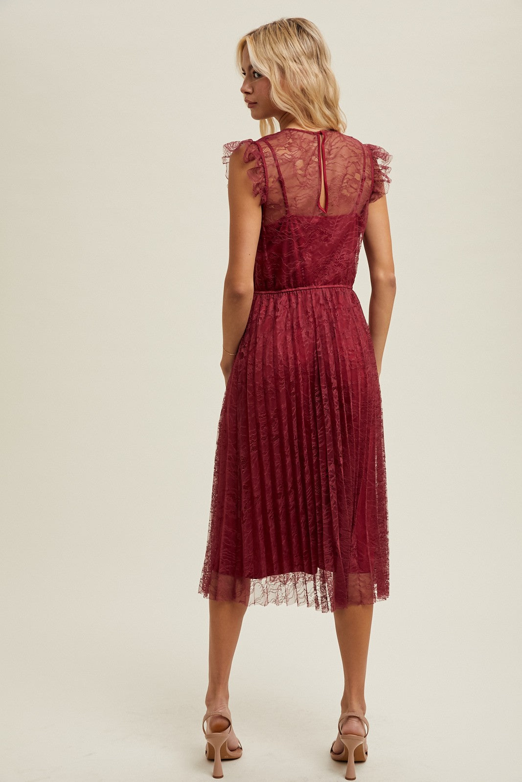 Floral Lace Pleated Midi Dress - Wine-dress- Hometown Style HTS, women's in store and online boutique located in Ingersoll, Ontario