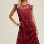 Floral Lace Pleated Midi Dress - Wine-dress- Hometown Style HTS, women's in store and online boutique located in Ingersoll, Ontario