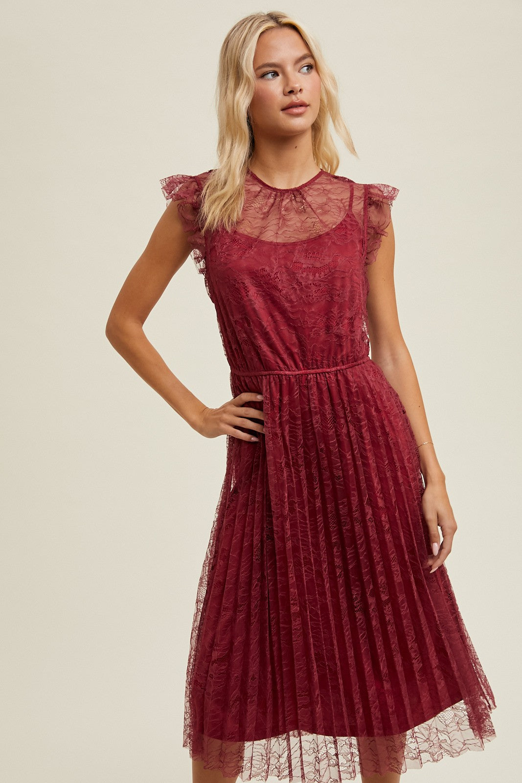 Floral Lace Pleated Midi Dress - Wine-dress- Hometown Style HTS, women's in store and online boutique located in Ingersoll, Ontario