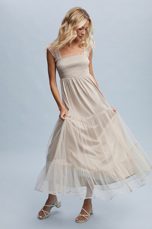 Organza Tiered Midi Dress - Champagne-dress- Hometown Style HTS, women's in store and online boutique located in Ingersoll, Ontario