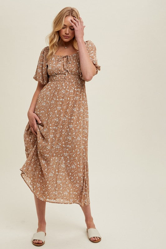 Floral Front Tie Midi Dress - Mocha-dress- Hometown Style HTS, women's in store and online boutique located in Ingersoll, Ontario