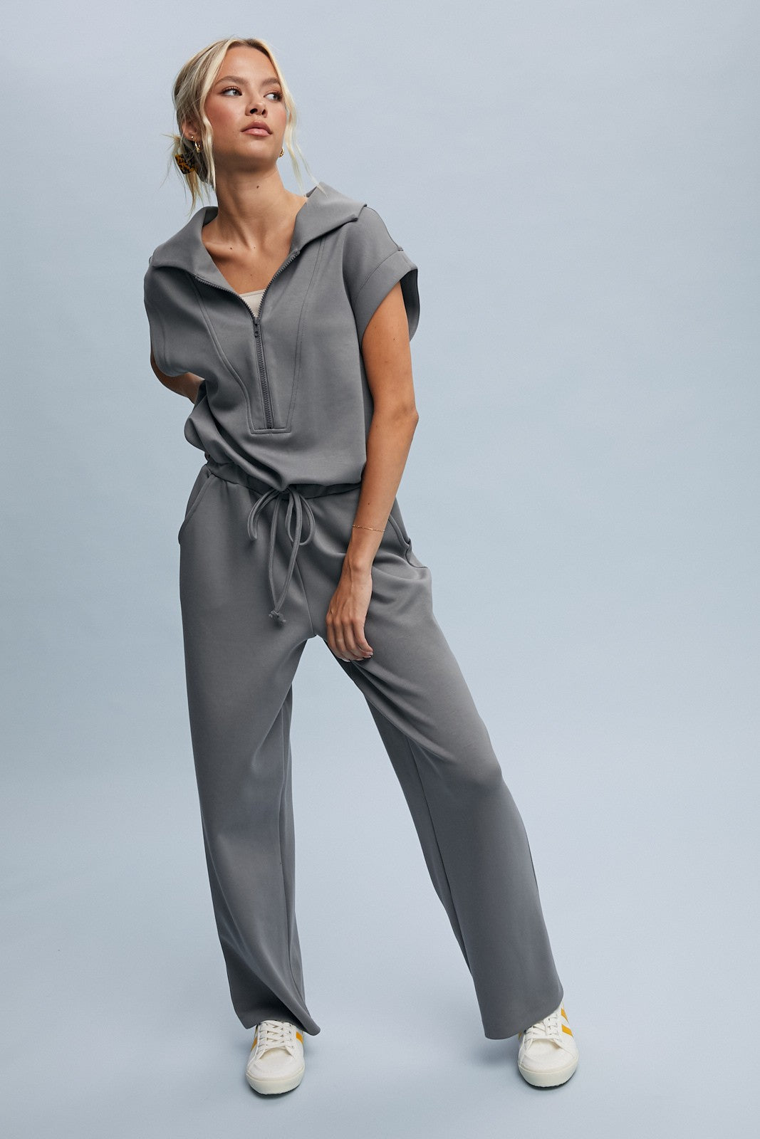 Scuba Half Zip Jumpsuit - Grey-Jumpsuits & Rompers- Hometown Style HTS, women's in store and online boutique located in Ingersoll, Ontario