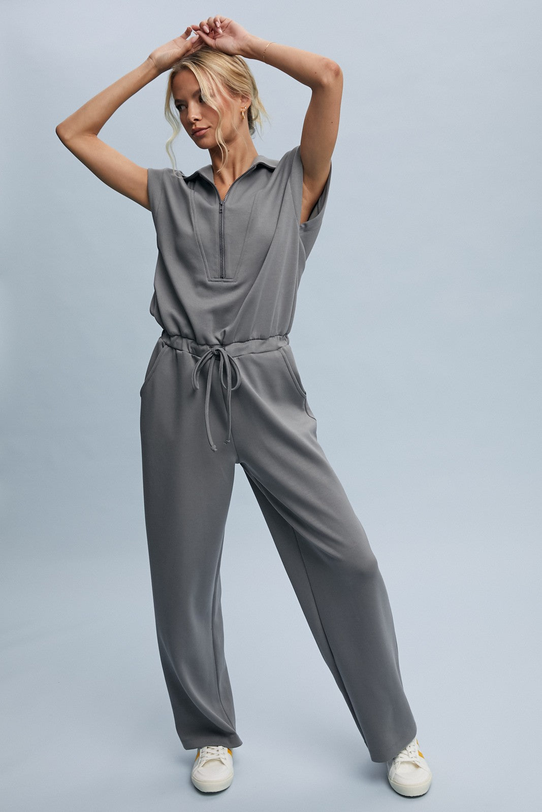 Scuba Half Zip Jumpsuit - Grey-Jumpsuits & Rompers- Hometown Style HTS, women's in store and online boutique located in Ingersoll, Ontario