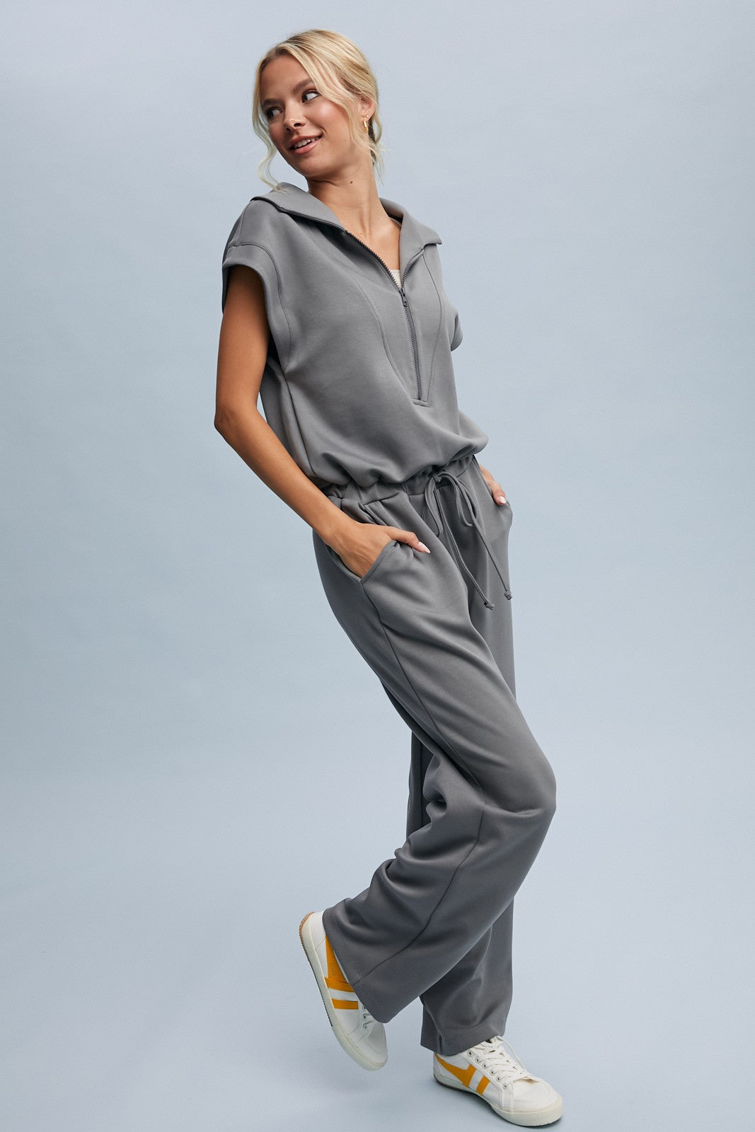 Scuba Half Zip Jumpsuit - Grey-Jumpsuits & Rompers- Hometown Style HTS, women's in store and online boutique located in Ingersoll, Ontario