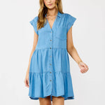 Light Wash Tencel Button-Down Mini Dress-dress- Hometown Style HTS, women's in store and online boutique located in Ingersoll, Ontario