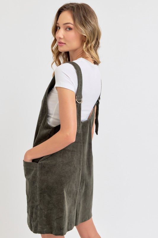 Casual Overall Corduroy Dress - Olive-Casual Dresses- Hometown Style HTS, women's in store and online boutique located in Ingersoll, Ontario