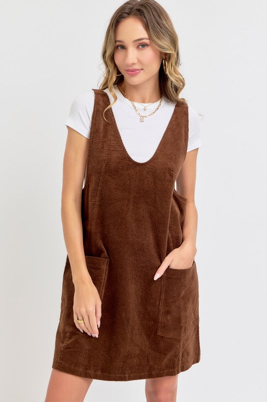 Casual Overall Corduroy Dress - Brown-Casual Dresses- Hometown Style HTS, women's in store and online boutique located in Ingersoll, Ontario