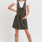 Casual Overall Corduroy Dress - Olive-Casual Dresses- Hometown Style HTS, women's in store and online boutique located in Ingersoll, Ontario