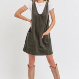 Casual Overall Corduroy Dress - Olive-Casual Dresses- Hometown Style HTS, women's in store and online boutique located in Ingersoll, Ontario