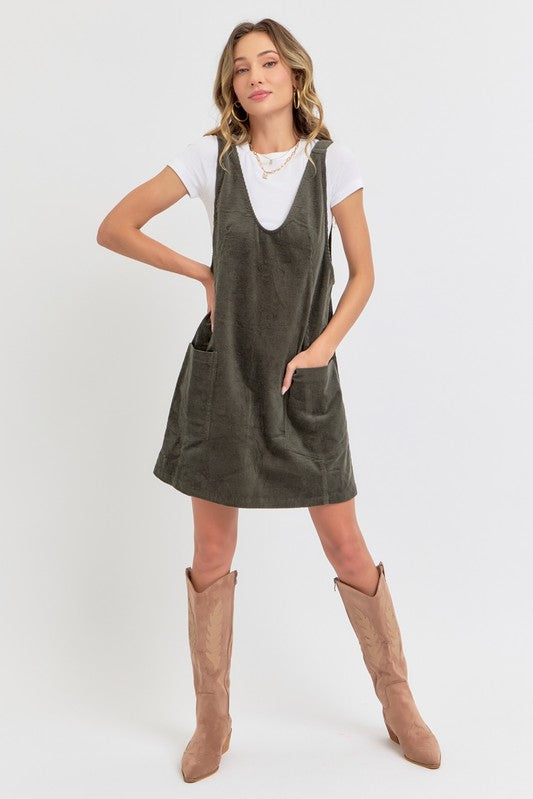 Casual Overall Corduroy Dress - Olive-Casual Dresses- Hometown Style HTS, women's in store and online boutique located in Ingersoll, Ontario