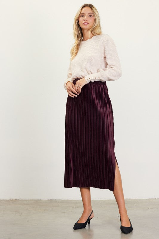 Pleated Velvet Midi Skirt - Plum-skirt- Hometown Style HTS, women's in store and online boutique located in Ingersoll, Ontario