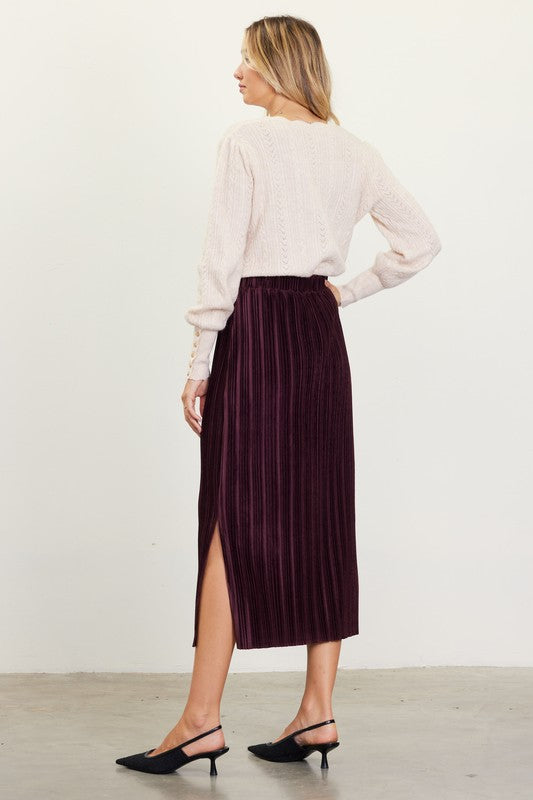 Pleated Velvet Midi Skirt - Plum-skirt- Hometown Style HTS, women's in store and online boutique located in Ingersoll, Ontario