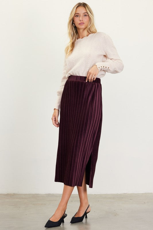 Pleated Velvet Midi Skirt - Plum-skirt- Hometown Style HTS, women's in store and online boutique located in Ingersoll, Ontario