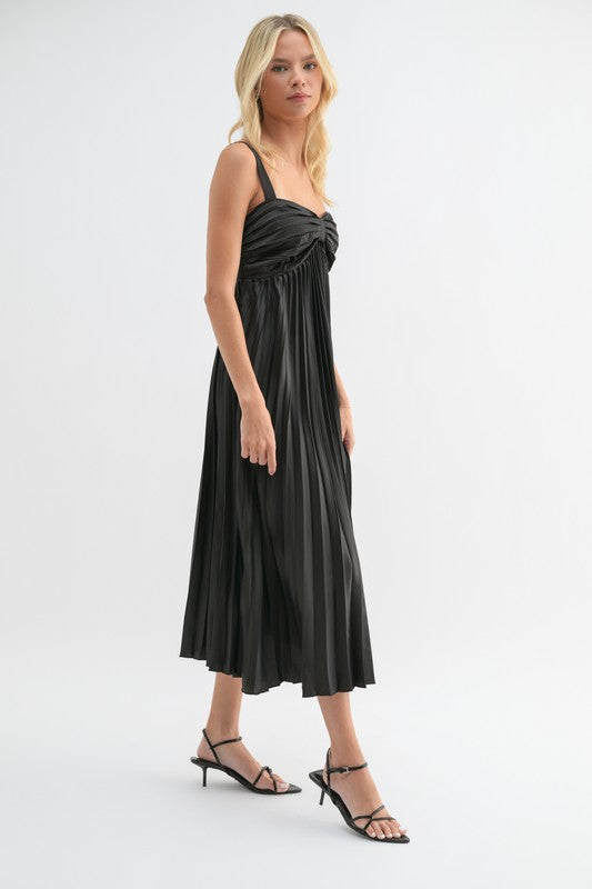 Satin Pleated Midi Dress - Black-dress- Hometown Style HTS, women's in store and online boutique located in Ingersoll, Ontario