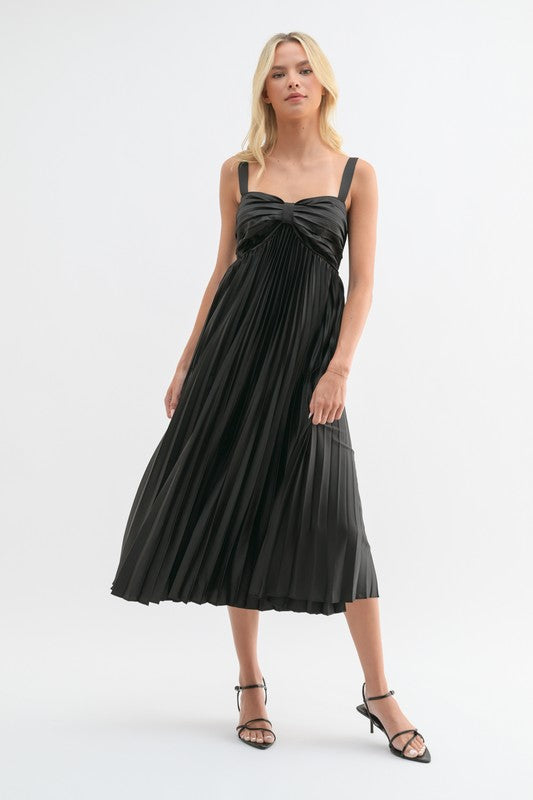 Satin Pleated Midi Dress - Black-dress- Hometown Style HTS, women's in store and online boutique located in Ingersoll, Ontario