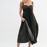 Satin Pleated Midi Dress - Black-dress- Hometown Style HTS, women's in store and online boutique located in Ingersoll, Ontario