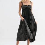 Satin Pleated Midi Dress - Black-dress- Hometown Style HTS, women's in store and online boutique located in Ingersoll, Ontario