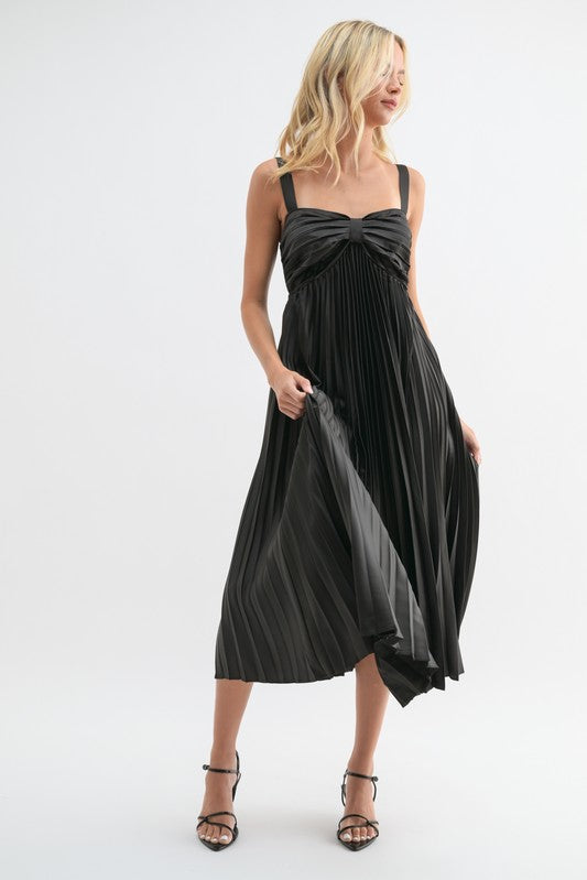 Satin Pleated Midi Dress - Black-dress- Hometown Style HTS, women's in store and online boutique located in Ingersoll, Ontario