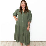 Button Down Tiered Midi Dress - Olive-Dress- Hometown Style HTS, women's in store and online boutique located in Ingersoll, Ontario